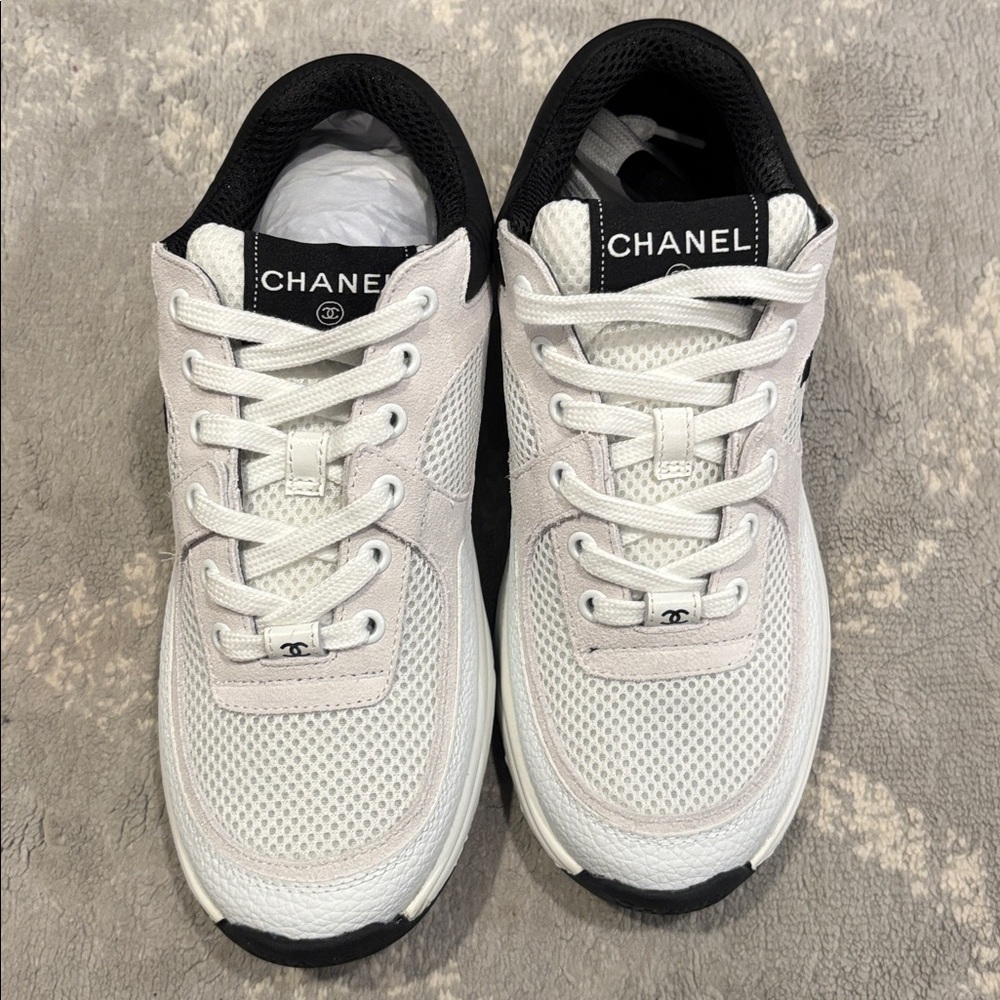 Chanel Men’s White and Black CC Logo Sneakers - Picture 2 of 6